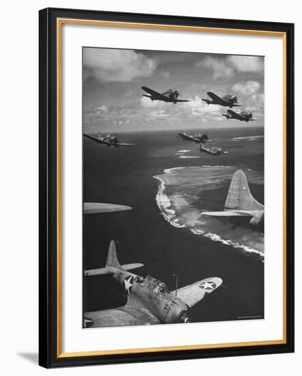 Squadron of US Douglas SBD3 Dive Bombers in Flight, Patrolling Coral Reefs Off Midway Island-Frank Scherschel-Framed Photographic Print