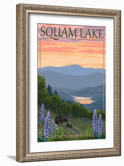 Squam Lake, New Hampshire - Bears and Spring Flowers-Lantern Press-Framed Art Print