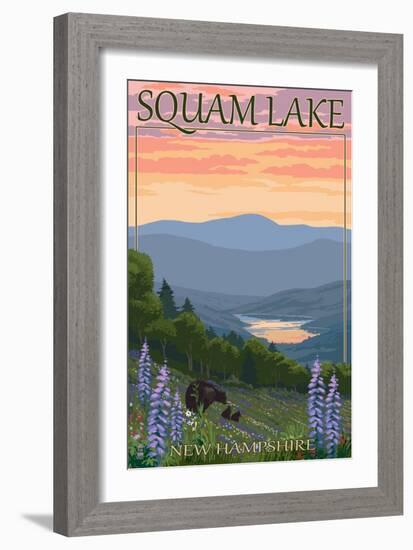 Squam Lake, New Hampshire - Bears and Spring Flowers-Lantern Press-Framed Art Print