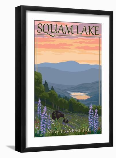 Squam Lake, New Hampshire - Bears and Spring Flowers-Lantern Press-Framed Art Print