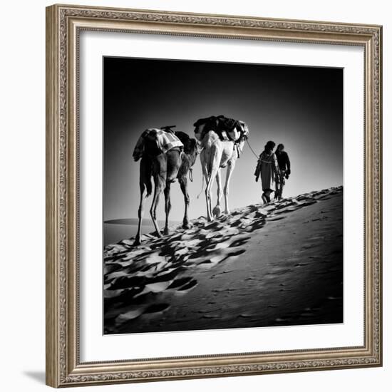 Square Black & White Image of 2 Men and 2 Camels in Sahara Desert-ABO PHOTOGRAPHY-Framed Photographic Print