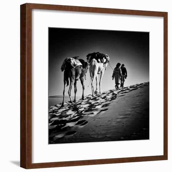 Square Black & White Image of 2 Men and 2 Camels in Sahara Desert-ABO PHOTOGRAPHY-Framed Photographic Print