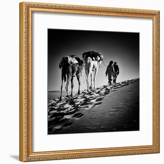 Square Black & White Image of 2 Men and 2 Camels in Sahara Desert-ABO PHOTOGRAPHY-Framed Photographic Print