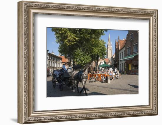 Square with cafe, horse and carriage, and spire of Church of Our Lady, Bruges, Belgium, Europe-James Emmerson-Framed Photographic Print