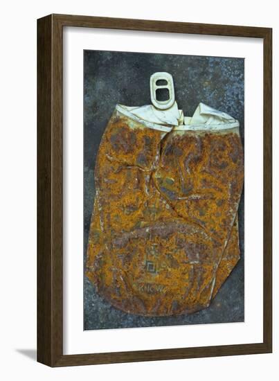 Squashed and Split Aluminium Drinks Can with Rusty Sides Lying on Tarnished Metal Sheet-Den Reader-Framed Photographic Print