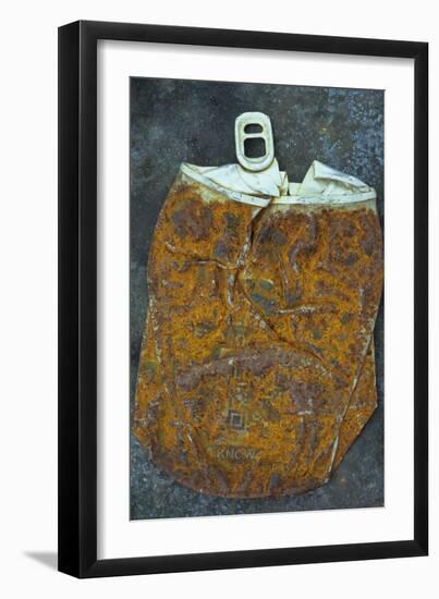 Squashed and Split Aluminium Drinks Can with Rusty Sides Lying on Tarnished Metal Sheet-Den Reader-Framed Photographic Print