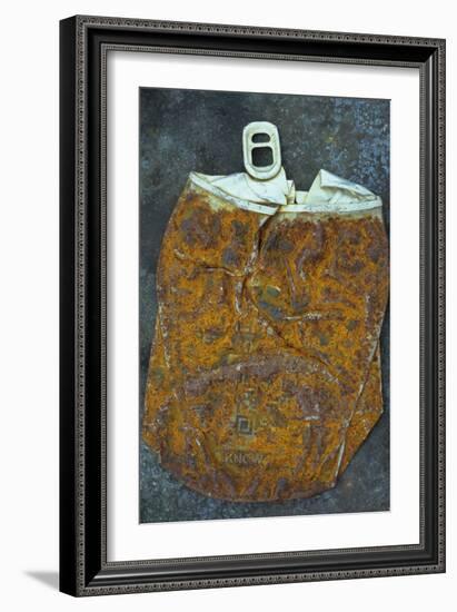 Squashed and Split Aluminium Drinks Can with Rusty Sides Lying on Tarnished Metal Sheet-Den Reader-Framed Photographic Print