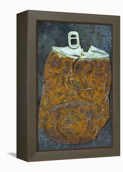 Squashed and Split Aluminium Drinks Can with Rusty Sides Lying on Tarnished Metal Sheet-Den Reader-Framed Premier Image Canvas