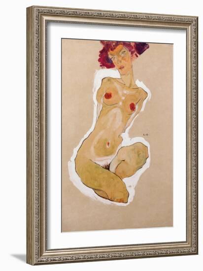 Squatting Female Nude, 1910-Egon Schiele-Framed Giclee Print