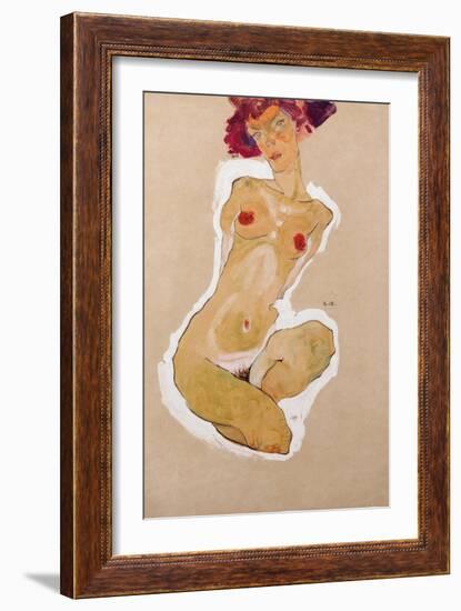 Squatting Female Nude, 1910-Egon Schiele-Framed Giclee Print