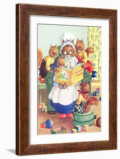 Squirrel Granny Reading Bushy Tales-null-Framed Art Print