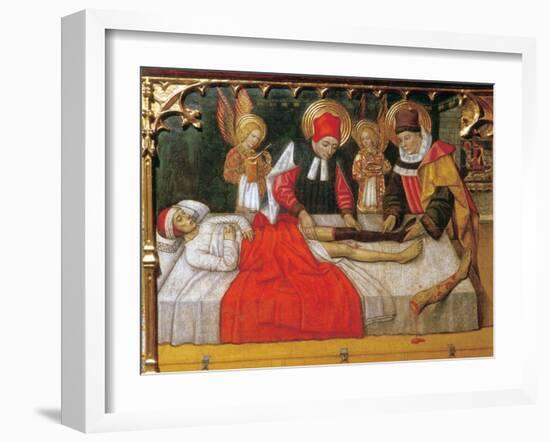 SS. Cosmas and Damian graft the leg of an Ethiopian man onto the stump of deacon Justinian-Jaume Huguet-Framed Giclee Print