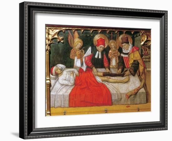 SS. Cosmas and Damian graft the leg of an Ethiopian man onto the stump of deacon Justinian-Jaume Huguet-Framed Giclee Print