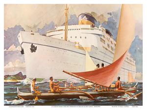 SS Lurline Ocean Liner and Hawaiian Outrigger Sailing Canoe (Wa a) - Matson Lines