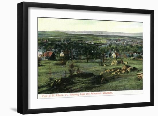 St. Albans, Vermont, View of Town, Lake, and Adirondack Mountains-Lantern Press-Framed Art Print