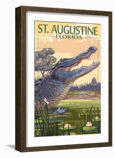 St. Augustine, Florida - Alligator Scene-Lantern Press-Framed Premium Giclee Print