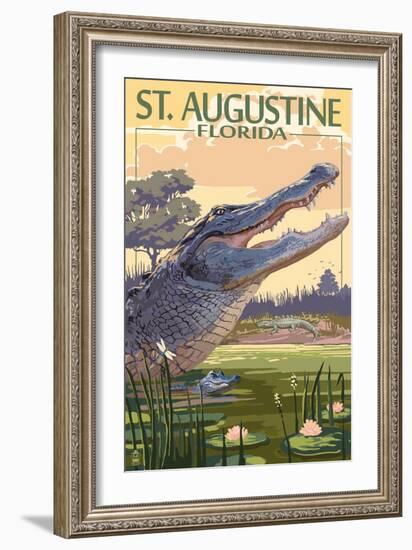 St. Augustine, Florida - Alligator Scene-Lantern Press-Framed Art Print