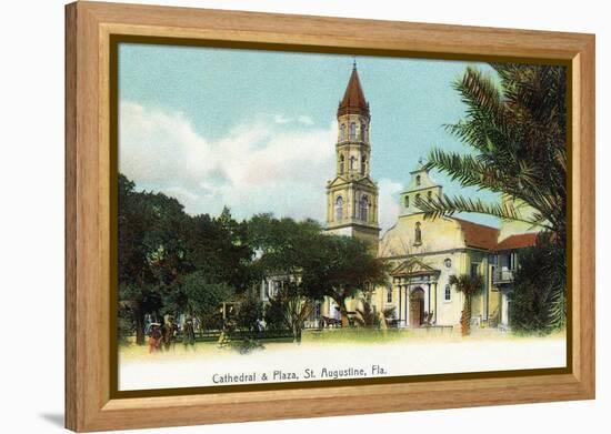 St. Augustine, Florida - View of the Cathedral from the Plaza-Lantern Press-Framed Stretched Canvas