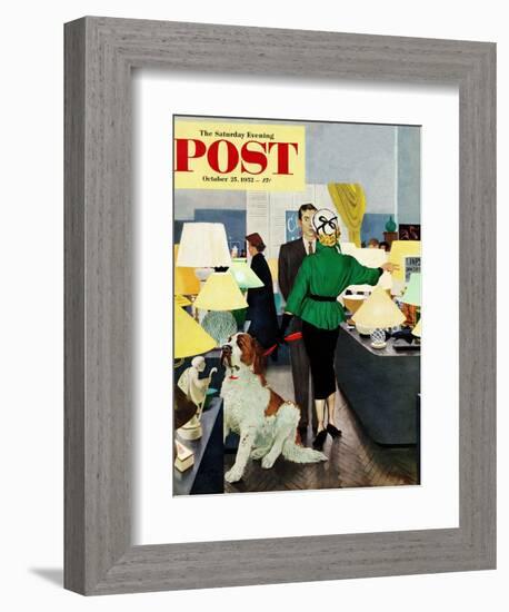 "St. Bernard in Lamp Shop" Saturday Evening Post Cover, October 25, 1952-George Hughes-Framed Giclee Print