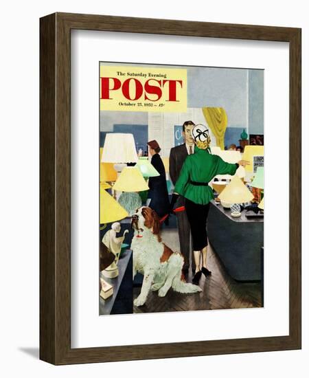"St. Bernard in Lamp Shop" Saturday Evening Post Cover, October 25, 1952-George Hughes-Framed Giclee Print