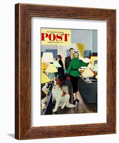 "St. Bernard in Lamp Shop" Saturday Evening Post Cover, October 25, 1952-George Hughes-Framed Giclee Print