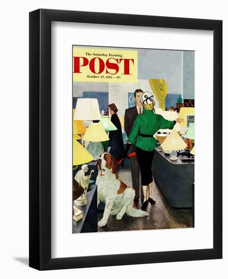 "St. Bernard in Lamp Shop" Saturday Evening Post Cover, October 25, 1952-George Hughes-Framed Giclee Print