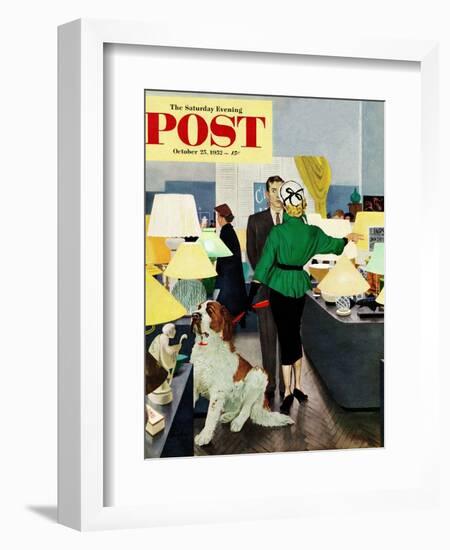 "St. Bernard in Lamp Shop" Saturday Evening Post Cover, October 25, 1952-George Hughes-Framed Giclee Print