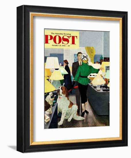 "St. Bernard in Lamp Shop" Saturday Evening Post Cover, October 25, 1952-George Hughes-Framed Giclee Print