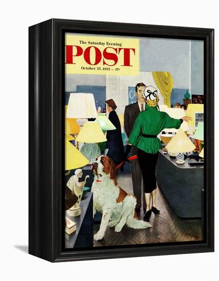 "St. Bernard in Lamp Shop" Saturday Evening Post Cover, October 25, 1952-George Hughes-Framed Premier Image Canvas
