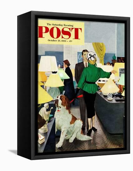 "St. Bernard in Lamp Shop" Saturday Evening Post Cover, October 25, 1952-George Hughes-Framed Premier Image Canvas
