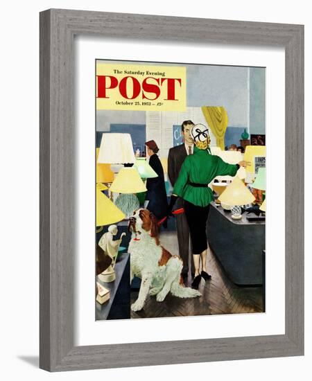 "St. Bernard in Lamp Shop" Saturday Evening Post Cover, October 25, 1952-George Hughes-Framed Giclee Print