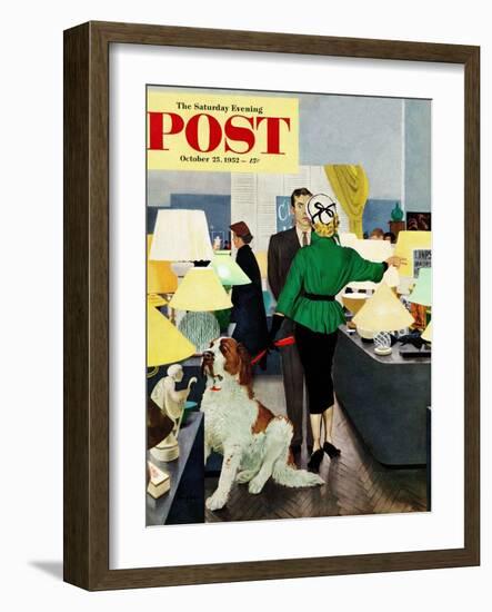 "St. Bernard in Lamp Shop" Saturday Evening Post Cover, October 25, 1952-George Hughes-Framed Giclee Print