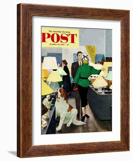 "St. Bernard in Lamp Shop" Saturday Evening Post Cover, October 25, 1952-George Hughes-Framed Giclee Print