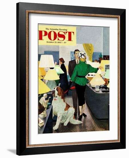 "St. Bernard in Lamp Shop" Saturday Evening Post Cover, October 25, 1952-George Hughes-Framed Giclee Print