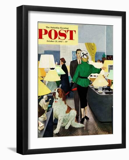 "St. Bernard in Lamp Shop" Saturday Evening Post Cover, October 25, 1952-George Hughes-Framed Giclee Print