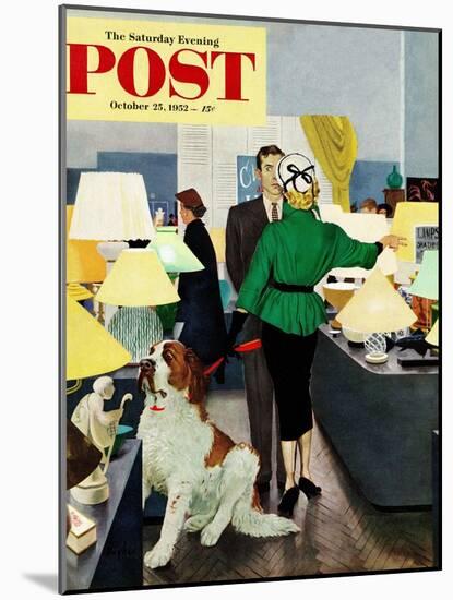 "St. Bernard in Lamp Shop" Saturday Evening Post Cover, October 25, 1952-George Hughes-Mounted Giclee Print