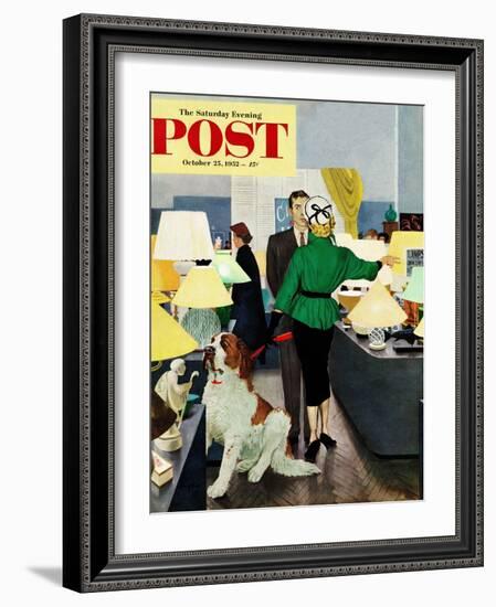 "St. Bernard in Lamp Shop" Saturday Evening Post Cover, October 25, 1952-George Hughes-Framed Giclee Print