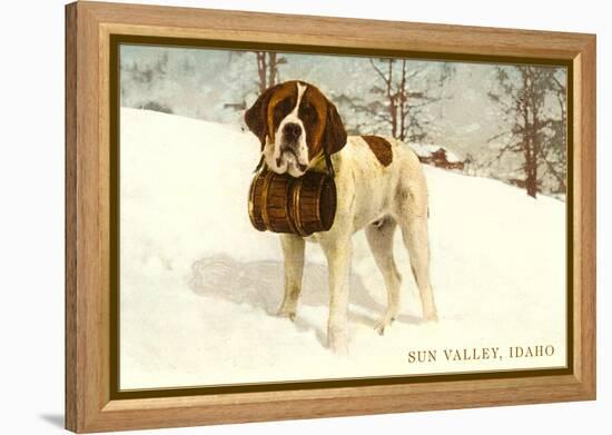 St. Bernard with Keg in Snow, Sun Valley, Idaho-null-Framed Stretched Canvas