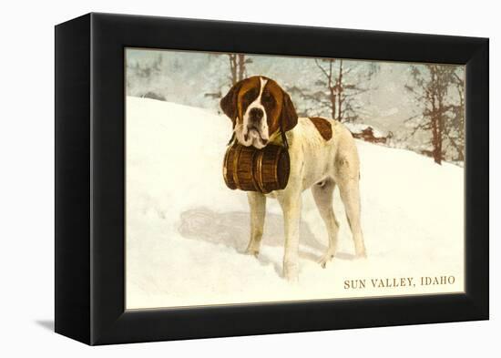 St. Bernard with Keg in Snow, Sun Valley, Idaho-null-Framed Stretched Canvas