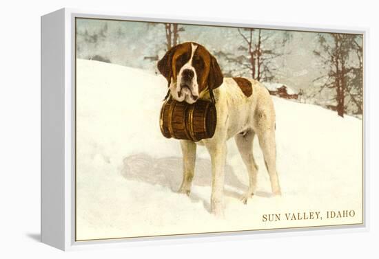 St. Bernard with Keg in Snow, Sun Valley, Idaho-null-Framed Stretched Canvas