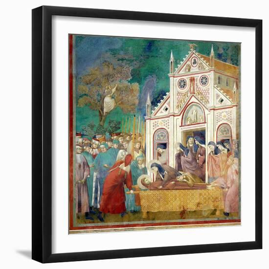 St. Clare Embraces the Body of St. Francis at the Convent of San Damiano, 1297-99-Giotto di Bondone-Framed Giclee Print