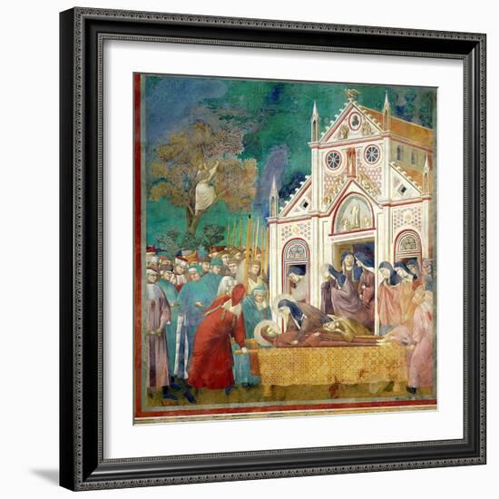 St. Clare Embraces the Body of St. Francis at the Convent of San Damiano, 1297-99-Giotto di Bondone-Framed Giclee Print