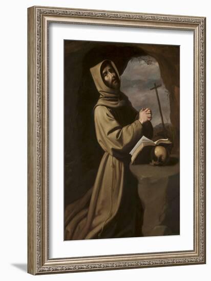 St. Francis in Prayer in a Grotto, 1650-55-Francisco de Zurbaran-Framed Giclee Print