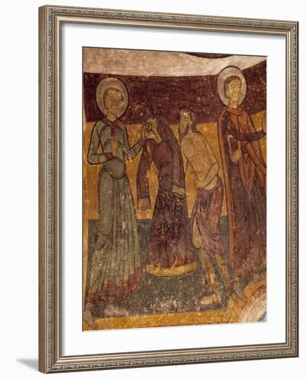 St Giles Offering His Garment to Poor Man in Church of Saint-Aignan, Brinay, France, 12th Century-null-Framed Giclee Print