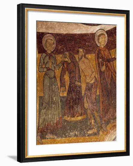 St Giles Offering His Garment to Poor Man in Church of Saint-Aignan, Brinay, France, 12th Century-null-Framed Giclee Print