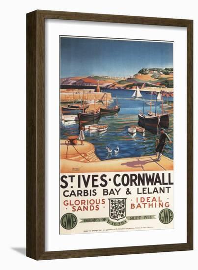 St. Ives, England - Harbor Scene with Girl and Gulls Railway Poster-Lantern Press-Framed Art Print