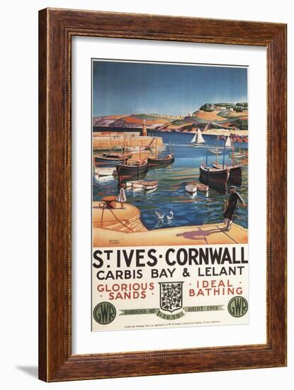 St. Ives, England - Harbor Scene with Girl and Gulls Railway Poster-Lantern Press-Framed Art Print