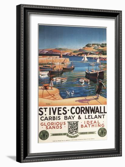 St. Ives, England - Harbor Scene with Girl and Gulls Railway Poster-Lantern Press-Framed Art Print