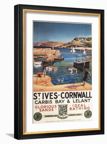 St. Ives, England - Harbor Scene with Girl and Gulls Railway Poster-Lantern Press-Framed Art Print