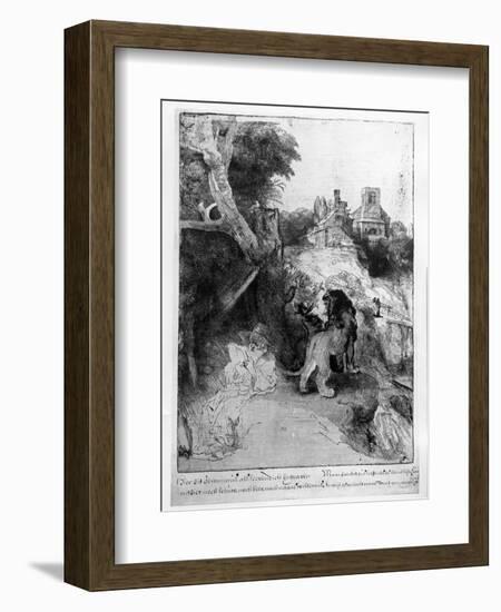 St. Jerome in an Italian Landscape, C.1653 (Etching)-Rembrandt van Rijn-Framed Giclee Print